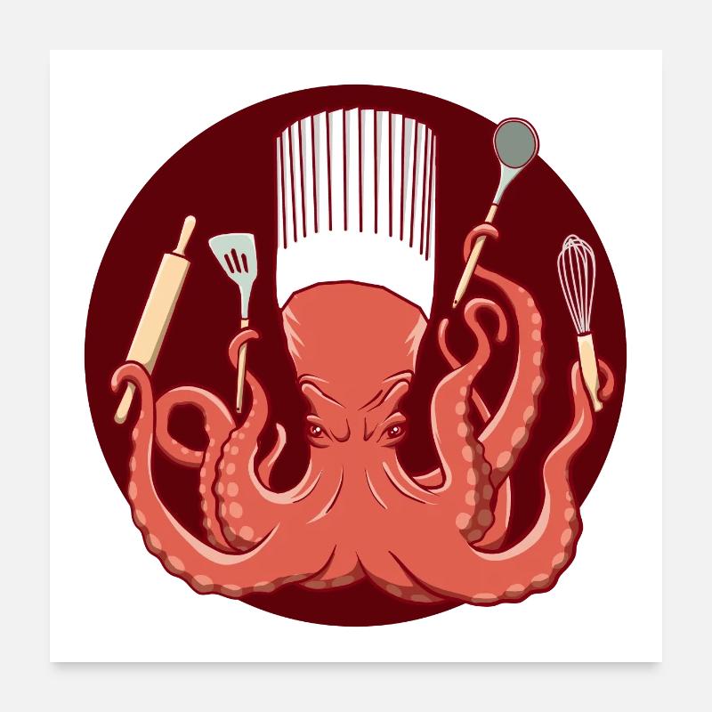Octopus Chef de Cuisine - Poster 60x60 cm - Weiß