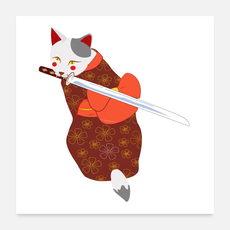 chat en kimono épée mordante Poster 60 x 60 cm