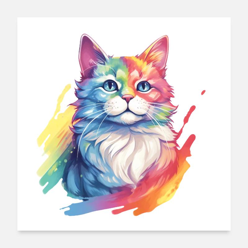 Rainbow Cat – Malerische Regenbogen-Katze Poster 60x60 cm