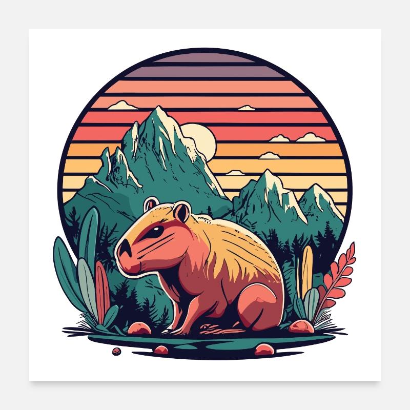 Capybara avec Retro Sunset Poster 60 x 60 cm