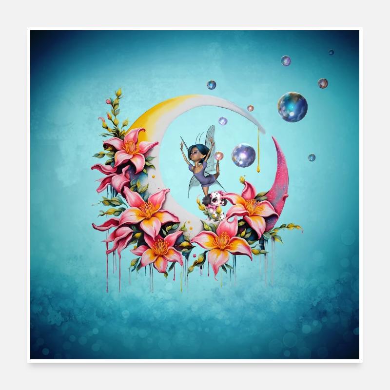 Fée dansant sur la lune Poster 60 x 60 cm
