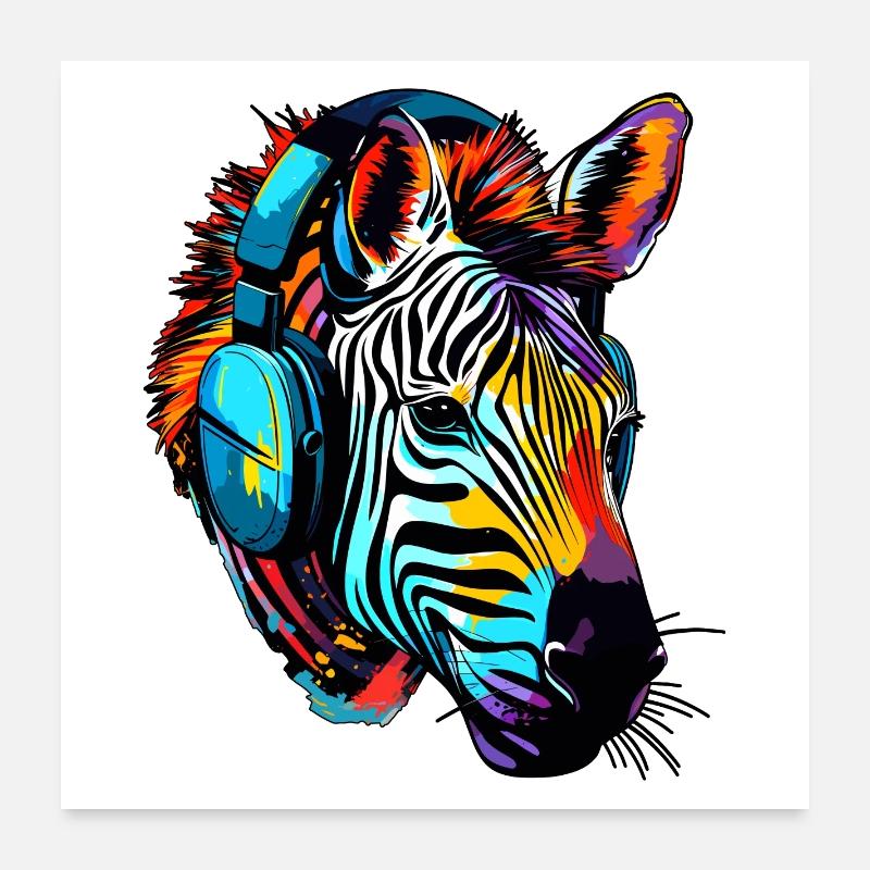 Zebra mit Kopfhörer Musik Zebrakopf Poster 60x60 cm