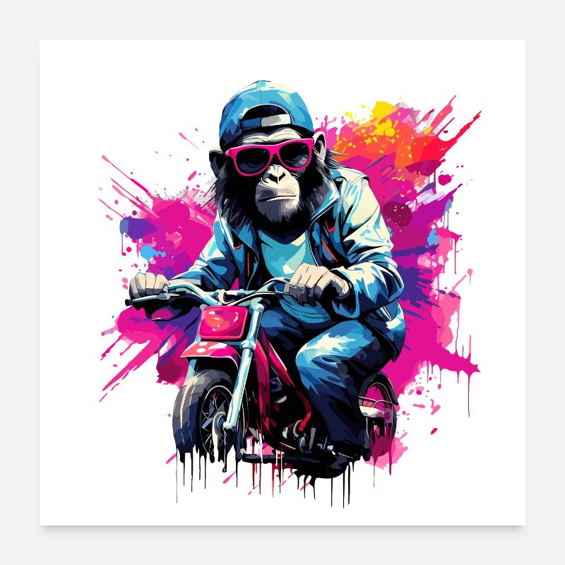 Lustig Affe mit Motorrad Schimpanse Affen Poster 60x60 cm