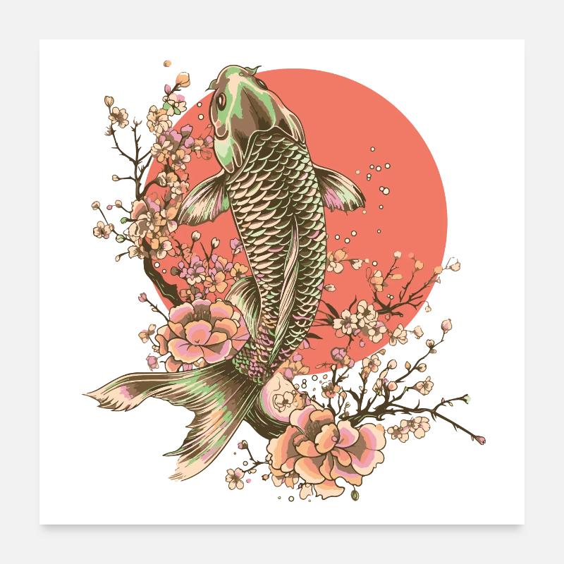 Eleganter Fisch mit Kirschblüten Design - Poster 60x60 cm - Weiß