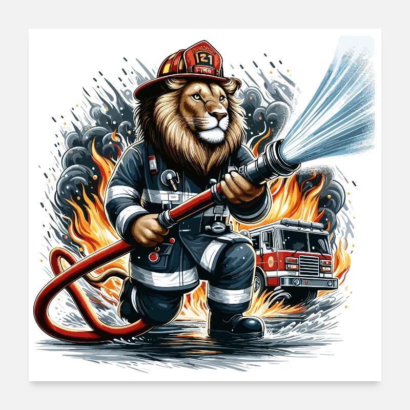 Fire Truck Lion Gift Poster 24" x 24" (60x60 cm)