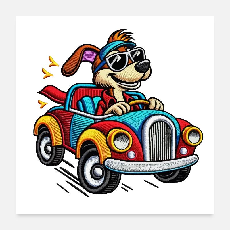 Chiot Rapide en Voiture Colorée Tee Poster 60 x 60 cm