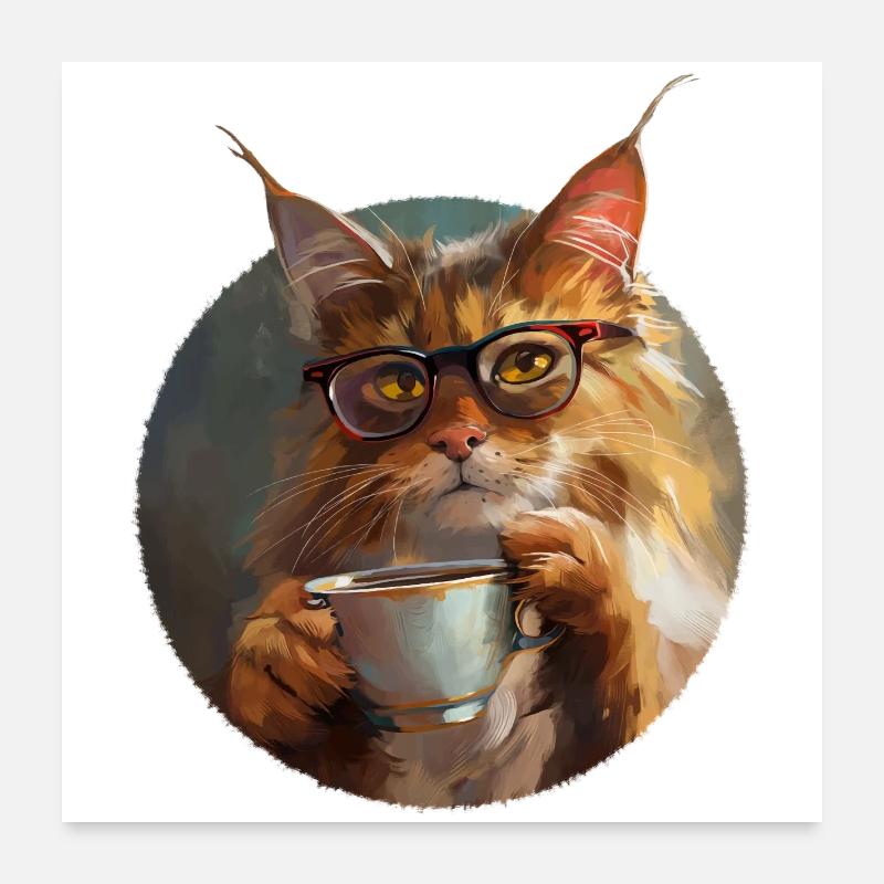 Illustration der Katze mit ihrer Kaffeetasse Poster 60x60 cm
