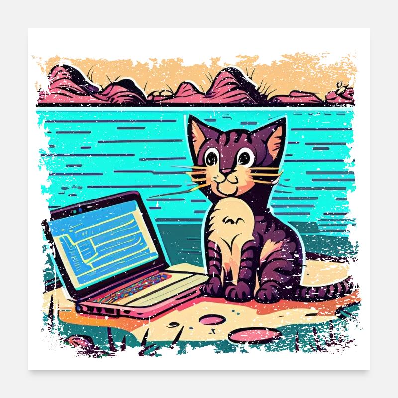Gatto con computer portatile Poster 60x60 cm