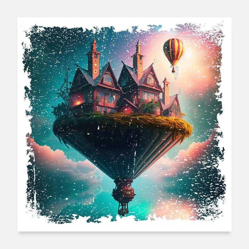 Fantasy schwebendes Dorf Poster 60x60 cm