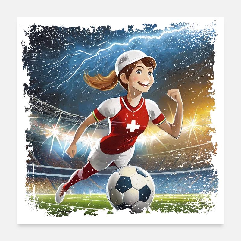 Fussballerin Comicfigur Stadion mit Blitzen Poster 60x60 cm