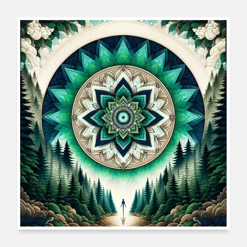 Mandala de la forêt Aurore Sarcelle verte Poster 60 x 60 cm