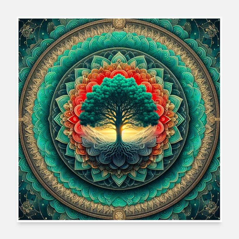 Arbre dans le mandala de lumière - Poster 60 x 60 cm - blanc