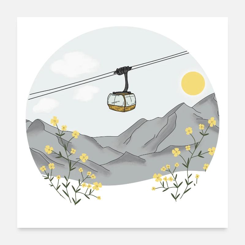 Gondelfahrt auf den Berg - Seilbahn - Poster 60x60 cm - Weiß