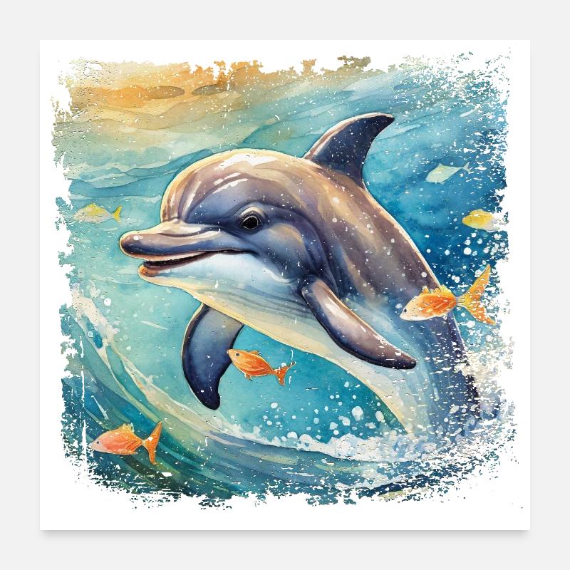 Niedlicher junger Delfin im Kinderbuchstil Poster 60x60 cm