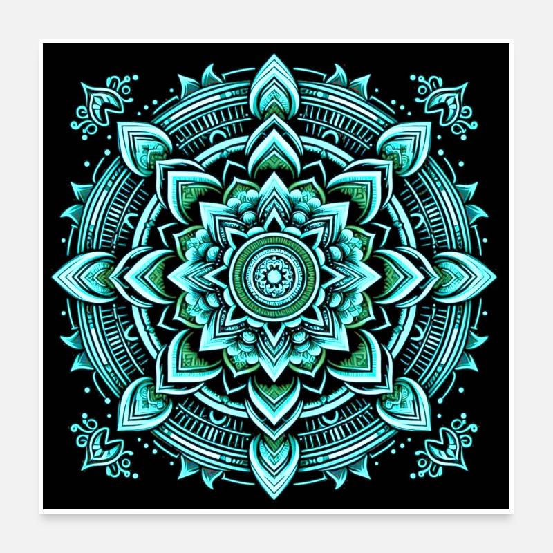 Türkis-Neon-Mandala Poster 60x60 cm