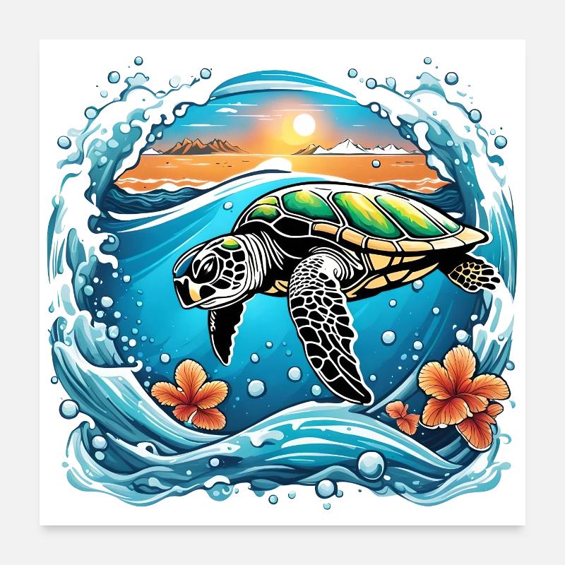 Tortue au coucher de soleil au bord de la mer - Poster 60 x 60 cm - blanc