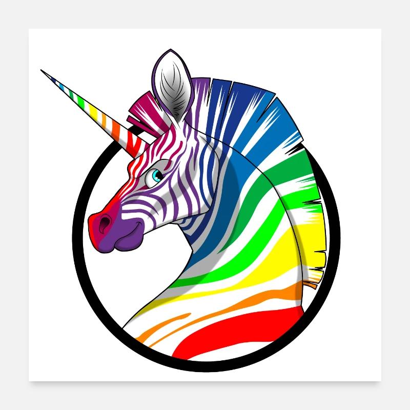 Regenbogen Einhorn Zebra - Poster 60x60 cm - Weiß
