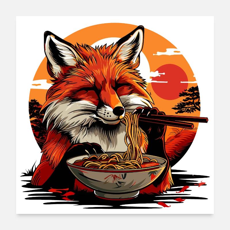 Fox Ramen Noodles Japan Vintage Retro Foxes Poster 24" x 24" (60x60 cm)