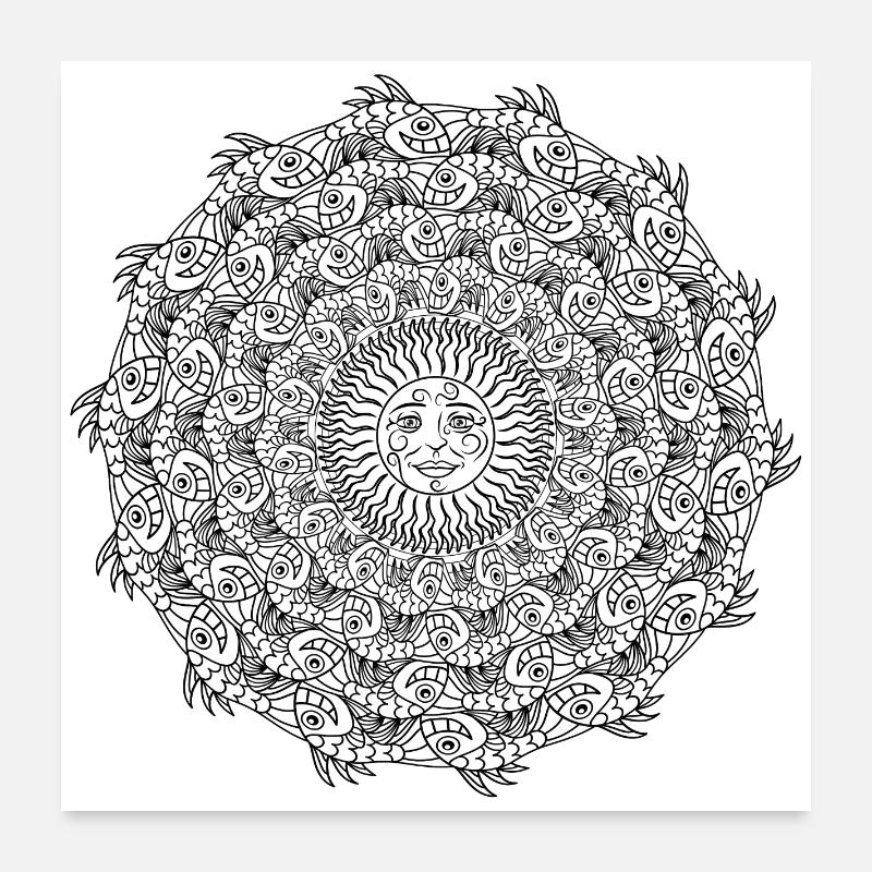 Fischschwarm im Kreis und schwarz-weiße Sonne Poster 60x60 cm