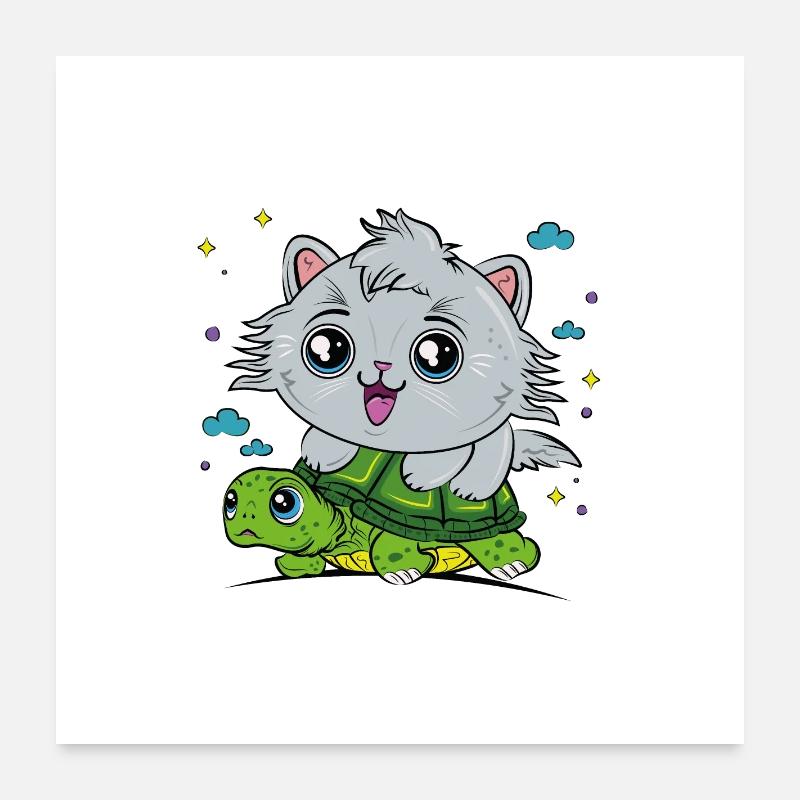 Chat sur tortue Poster 60 x 60 cm