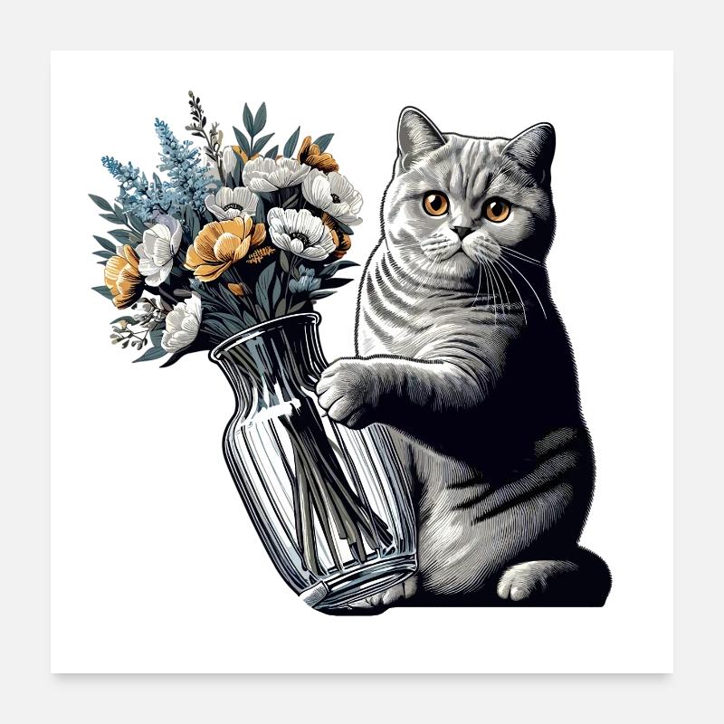 BKH Britisch Kurzhaar Katze Vase umkippen Geschenk - Poster 60x60 cm - Weiß