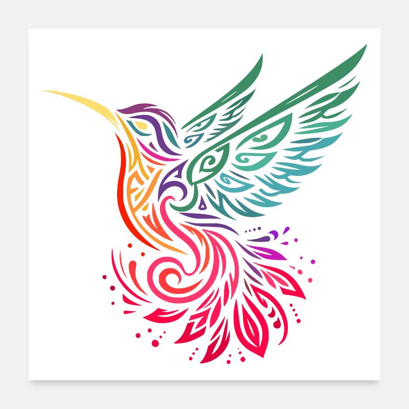 colibri oiseau mouche multicolore style tribal - Poster 60 x 60 cm - blanc
