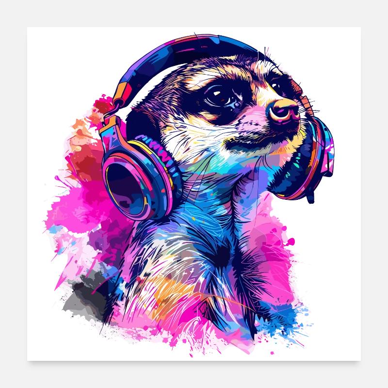 Erdmännchen Erdhündchen Scharrtier mit Kopfhörer - Poster 60x60 cm - Weiß