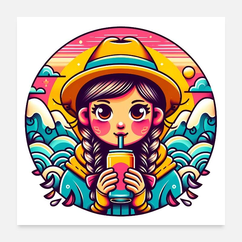 Retro Mädchen Trinken Pop Illustration Poster 60x60 cm