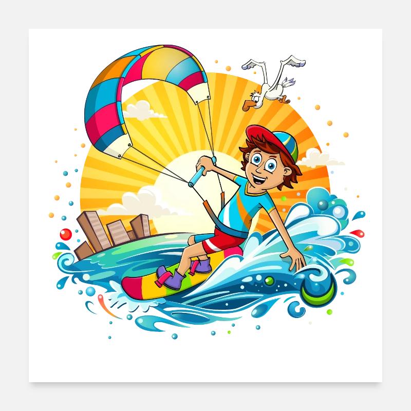 Illustration colorée d’un kitesurfeur Poster 60 x 60 cm