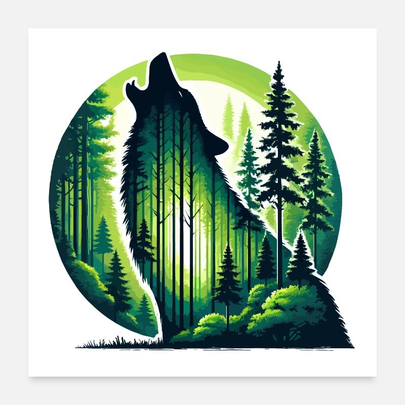 Silhouette of howling wolf with green forest Poster 24" x 24" (60x60 cm)