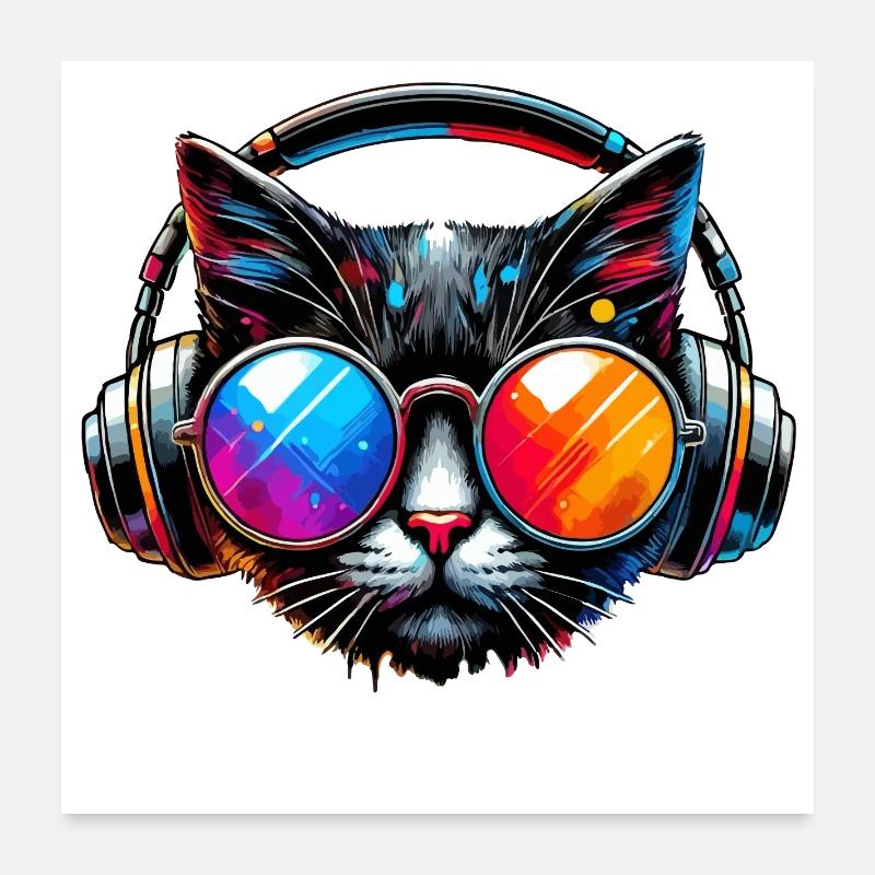 DJ Cat - Disco & Party Cat - Poster 24" x 24" (60x60 cm) - white