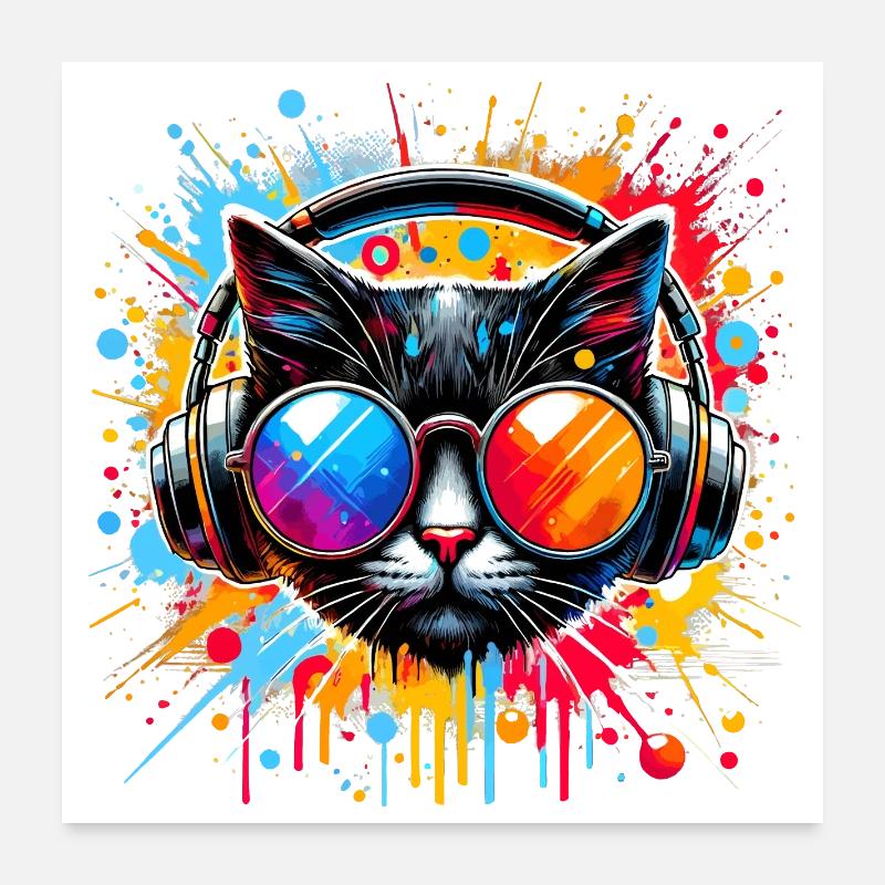 DJ Cat - Disco & Party Cat - mit Farbklecksen Poster 60x60 cm