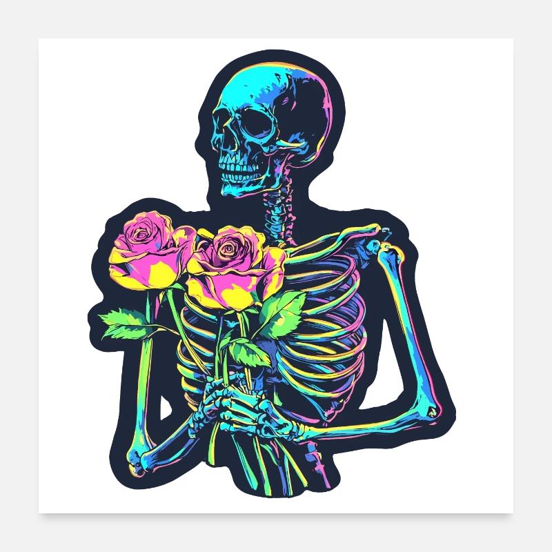 Squelette psychédélique avec des roses Halloween Poster 60 x 60 cm