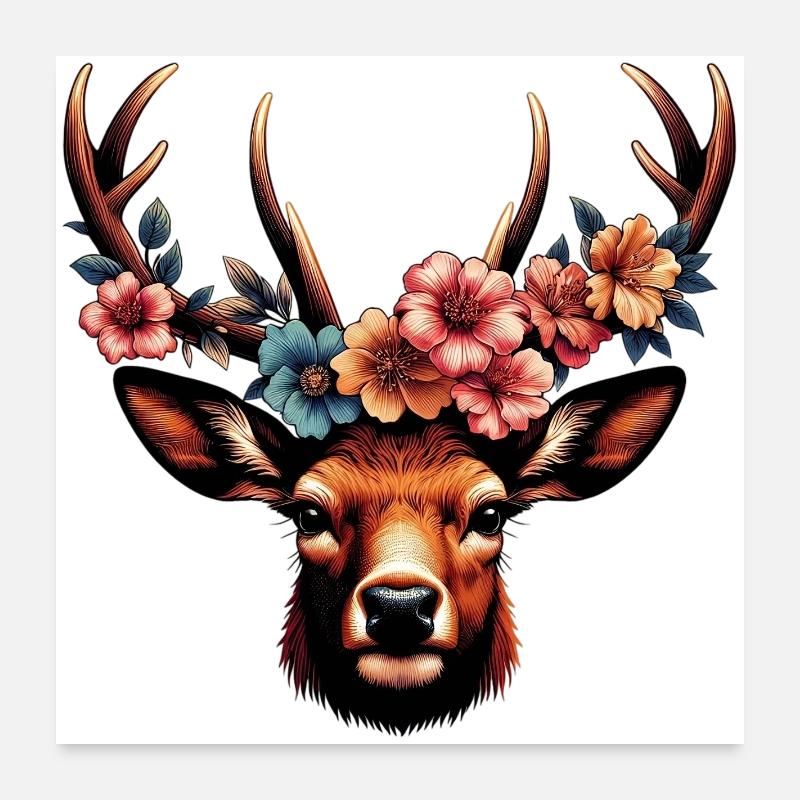 Cerf avec des fleurs Poster 60 x 60 cm