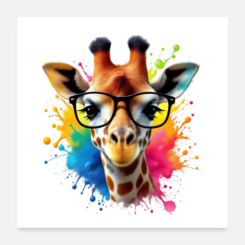 Coole Giraffe mit Brille in bunter Splash Art - Poster 60x60 cm - Weiß