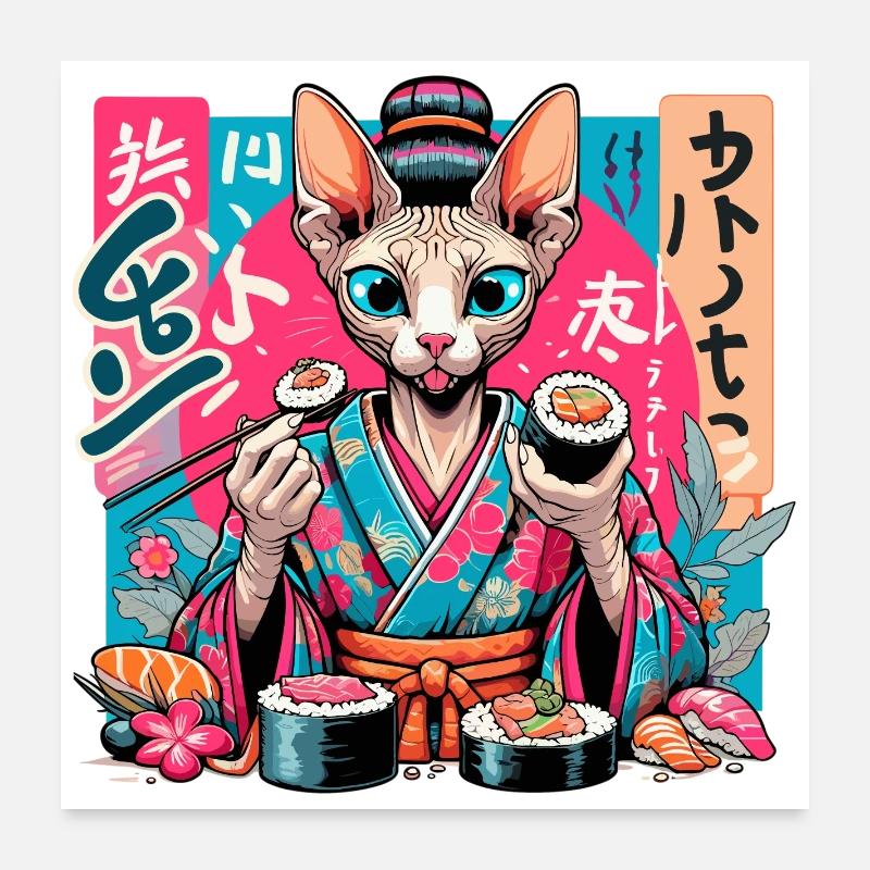 Sushi Sphynx Katze Maki Kimono Geschenk Poster 60x60 cm