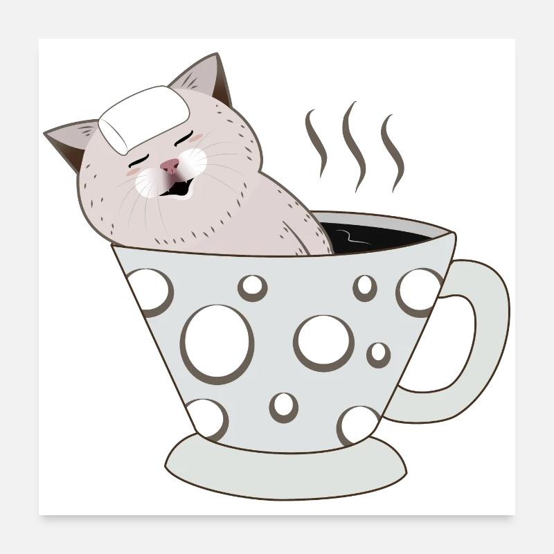 Kätzchen, das sich in einer dampfenden Polkadot-Teetasse entspannt Poster 60x60 cm