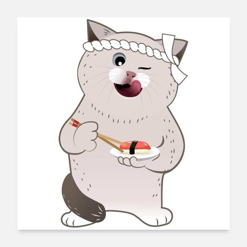 Cute Chubby Cat Holding Sushi - Poster 24" x 24" (60x60 cm) - white