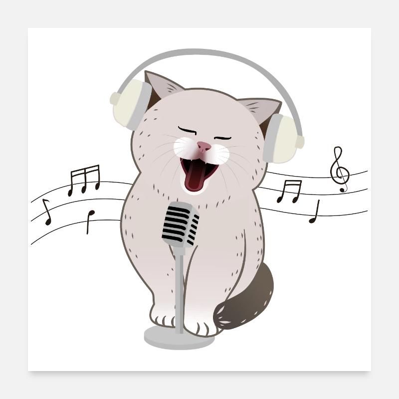 Chat mignon chantant avec des écouteurs et un microphone Poster 60 x 60 cm