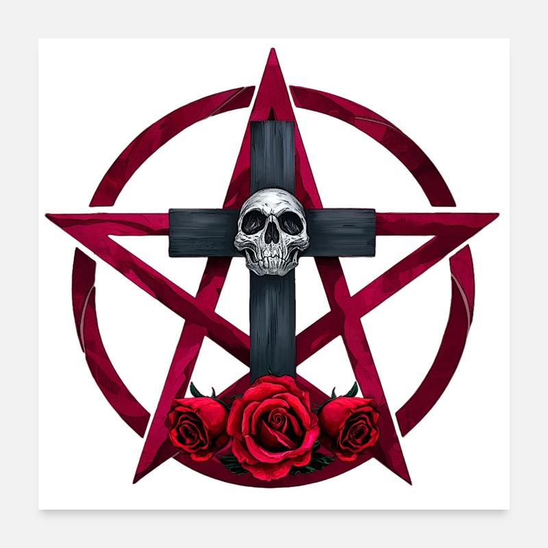 Pentagram muster, rosenblüte, Menschenschädel Poster 60x60 cm