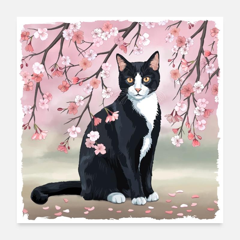 Kirschblüten-Katze: Rosa-Blüten, Schwarze Katze Poster 60x60 cm