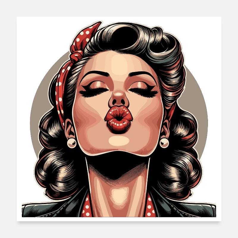 Rockabilly Lèvres embrassables Lèvres rouges Cadeau rétro Poster 60 x 60 cm