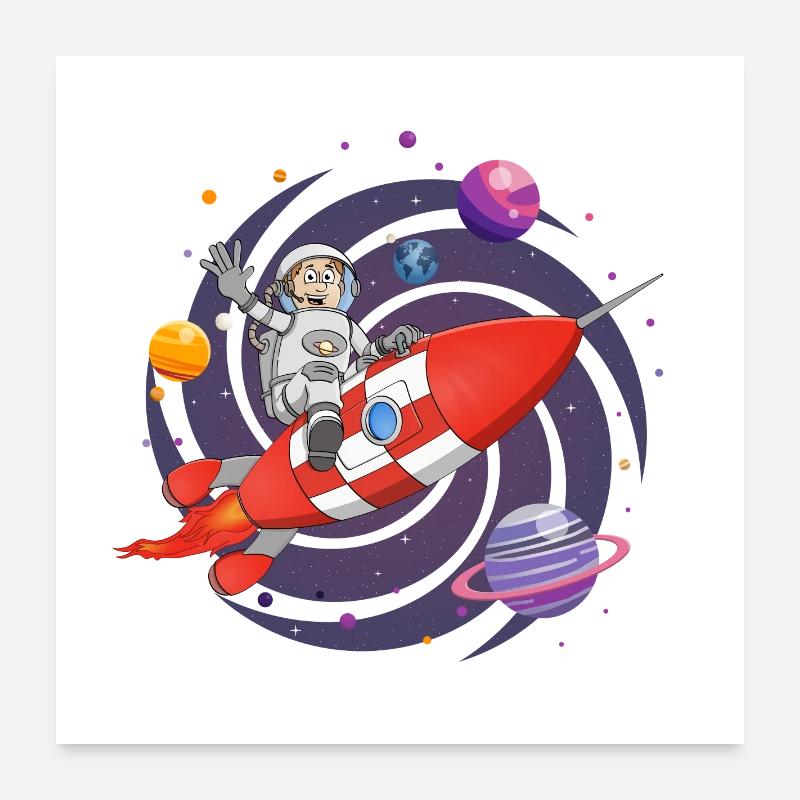 L’astronaute et la fusée rouge dans l’espace. Poster 60 x 60 cm