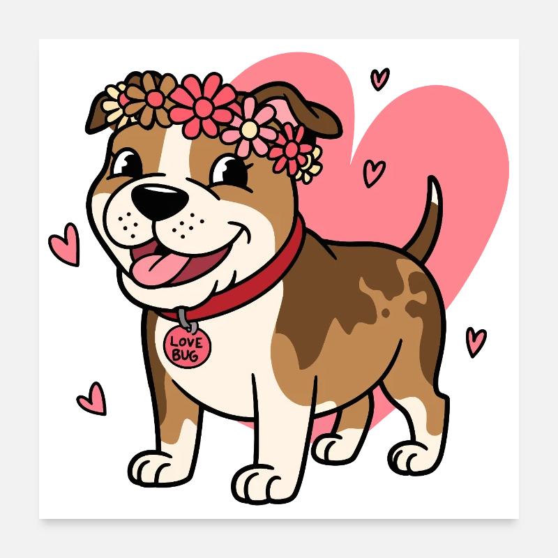 Mignon Pitbull Love Bug avec couronne florale Poster 60 x 60 cm
