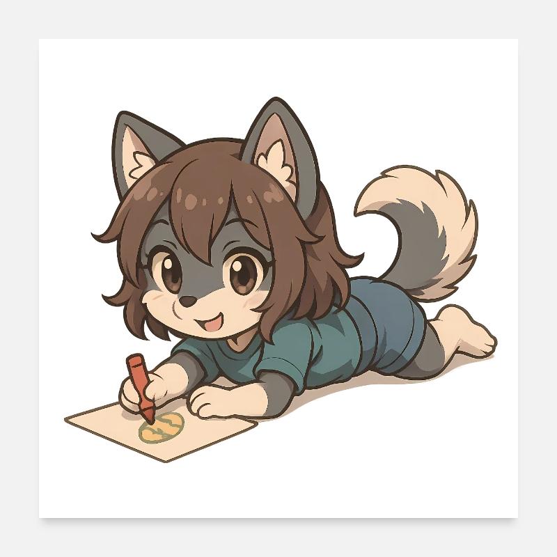 Chibi Wolf Pup – Zeichnendes Wolfs-Kind Motiv - Poster 60x60 cm - Weiß