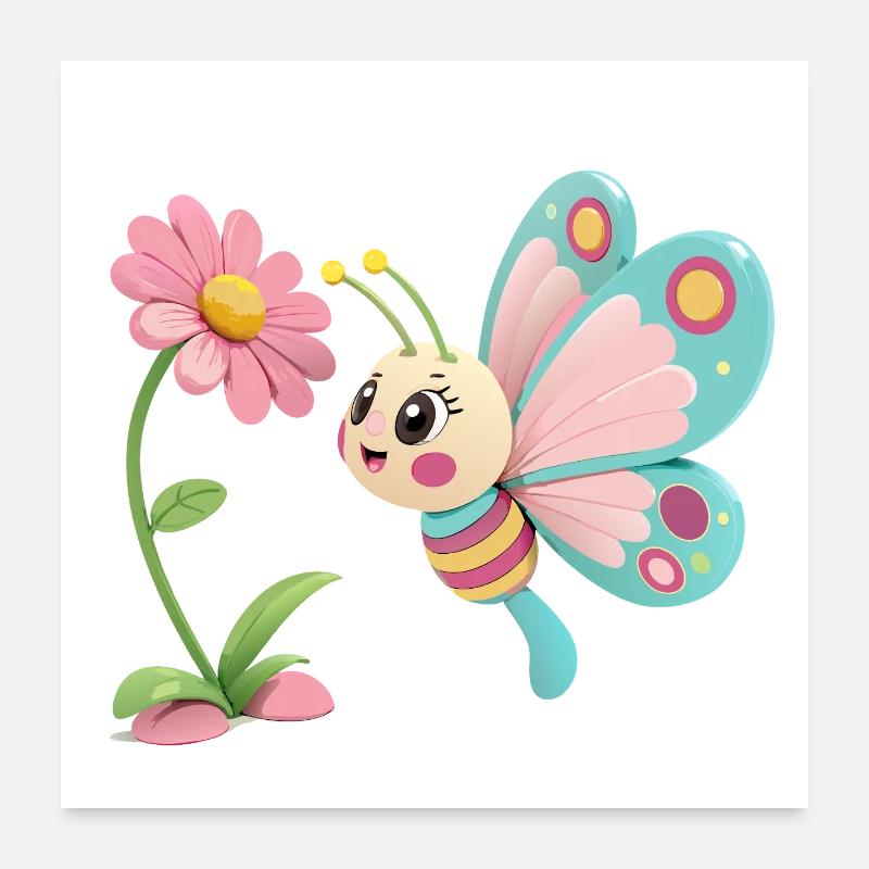 Papillon joyeux face à une fleur Poster 60 x 60 cm