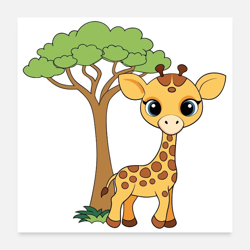 Niedliche Baby-Giraffe in der Nähe eines Baumes Poster 60x60 cm