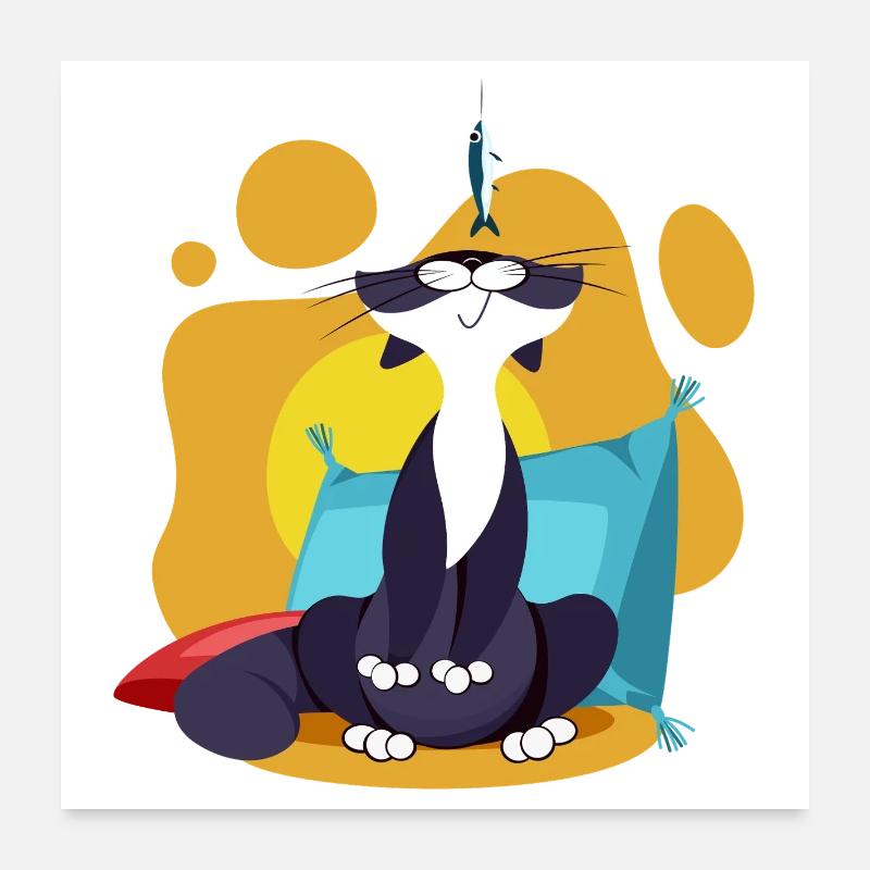 Katze schnüffelt an einer Sardine Bunte Comic Comic Karikatur Poster 60x60 cm