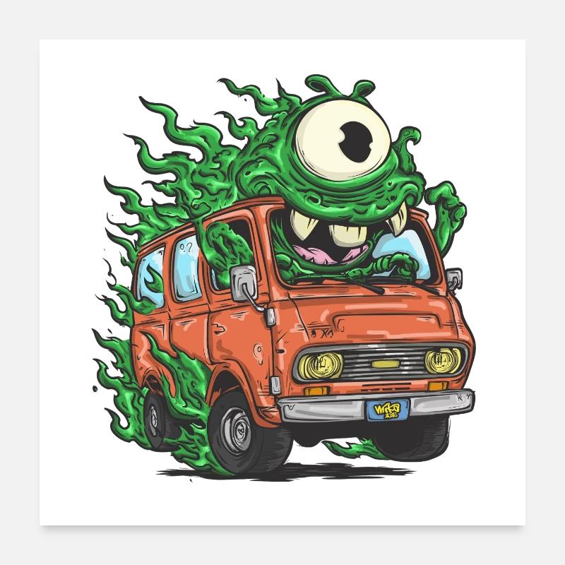 Monstre vert dans un fourgon rétro Poster 60 x 60 cm