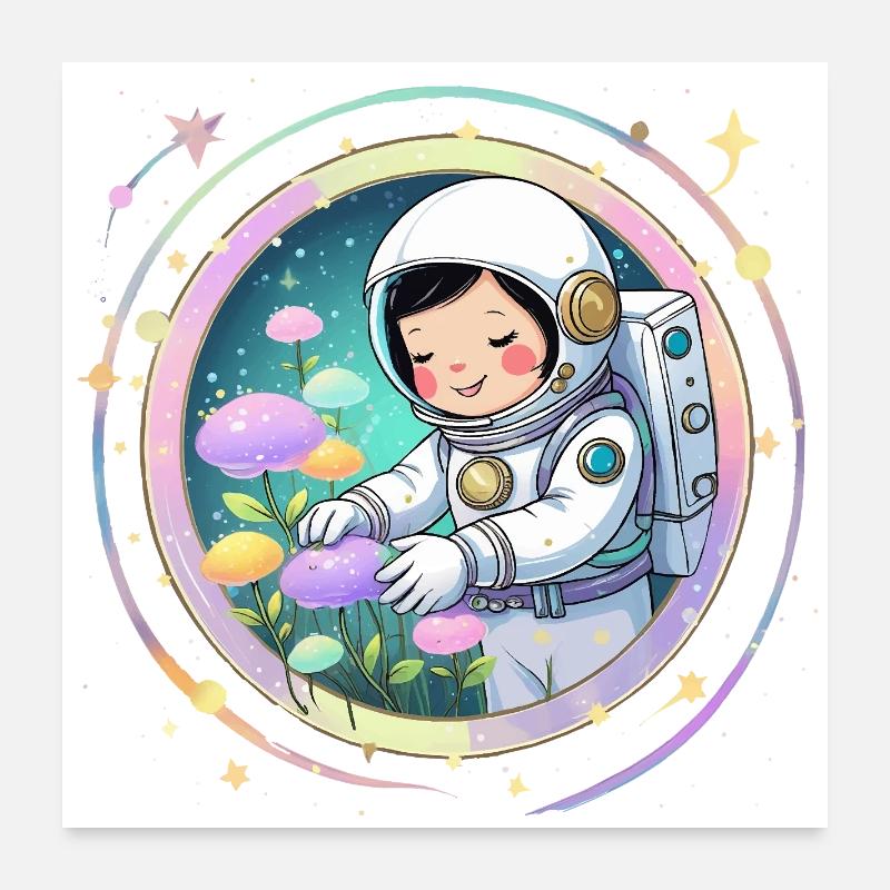Astronautenmädchen mit Pilzen – Süßes Space-Design Poster 60x60 cm